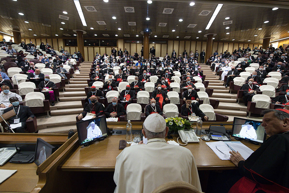 Pope Francis leads a meeting with representatives of bishops' conferences from around the world at the Vatican Oct. 9, 2021, before launching the process leading up to the first assembly of the world Synod of Bishops in 2023. (CNS/Paul Haring)