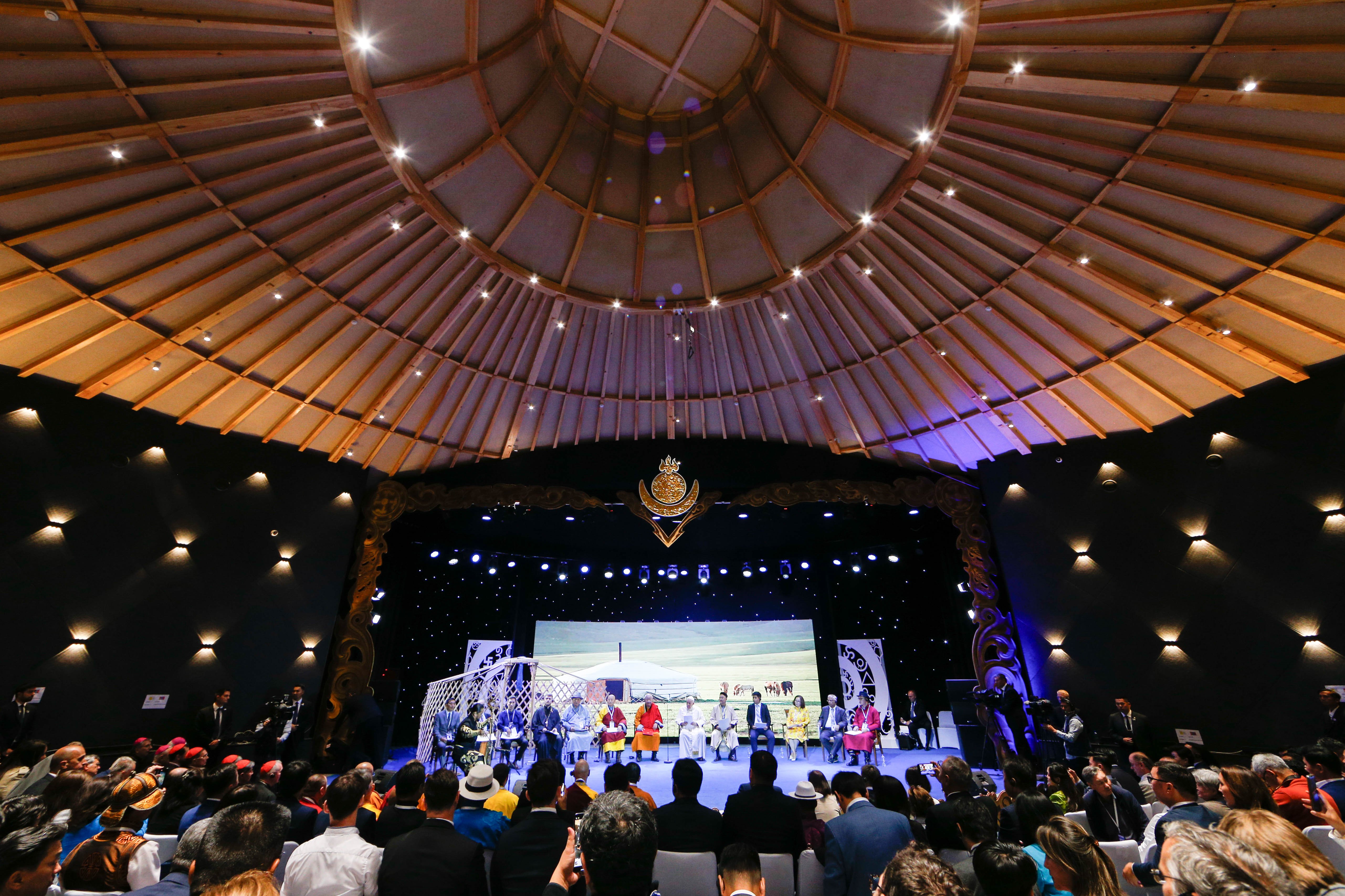   Pope Francis meets with representatives of Christian churches and other religions during an ecumenical and interreligious meeting at Hun Theatre in Ulaanbaatar, Mongolia, Sept. 3, 2023. (CNS photo/Lola Gomez)