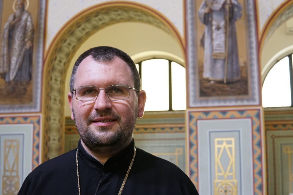 Auxiliary Bishop Maksym Ryabukha of Donetsk, Ukraine, poses for a photo in the chapel of the Ukrainian Pontifical College of St. Josaphat in Rome Sept. 8, 2023. (CNS photo/Justin McLellan)