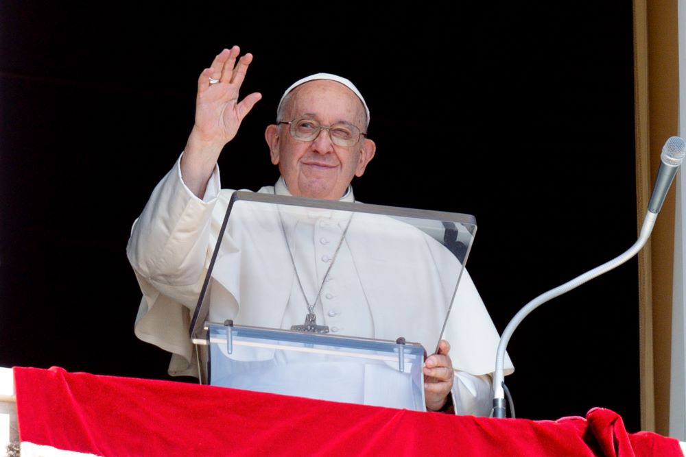 Pope Francis greets visitors gathered in St. Peter's Square at the Vatican to pray the Angelus Sept. 10, 2023. (CNS photo/Vatican Media)