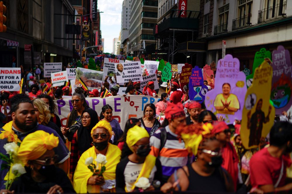 Activists mark the start of Climate Week in New York City Sept. 17, 2023, during a demonstration calling for the U.S. government to take action toward ending fossil fuel use in order to reduce the impact of global climate change. (OSV News Photo/Eduardo Munoz, Reuters)