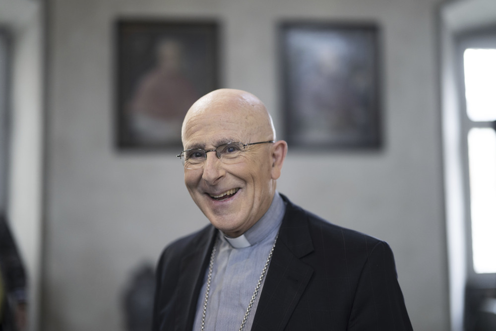 Swiss Bishop Joseph Bonnemain is pictured during a press conference in Chur, Switzerland, Tuesday, April 5, 2022. (Gian Ehrenzeller/Keystone via AP)