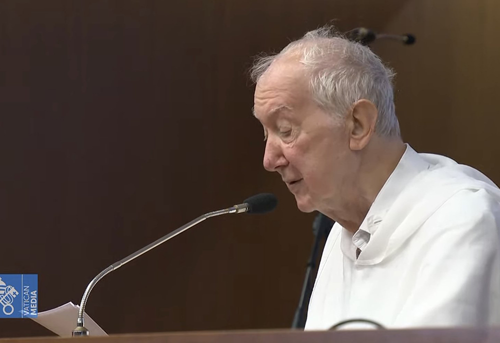 Dominican Fr. Timothy Radcliffe gives a meditation at the retreat outside of Rome for members of the assembly of the Synod of Bishops in this screen grab from Oct. 1. (CNS/Vatican Media via YouTube)