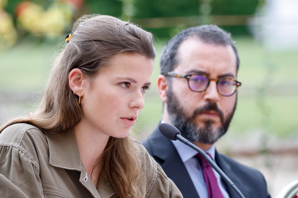 Luisa-Marie Neubauer, a German climate activist, speaks at a conference about Pope Francis' document on the climate crisis "Laudate Deum" ("Praise God") in the Vatican Gardens Oct. 5, 2023. (CNS/Lola Gomez)