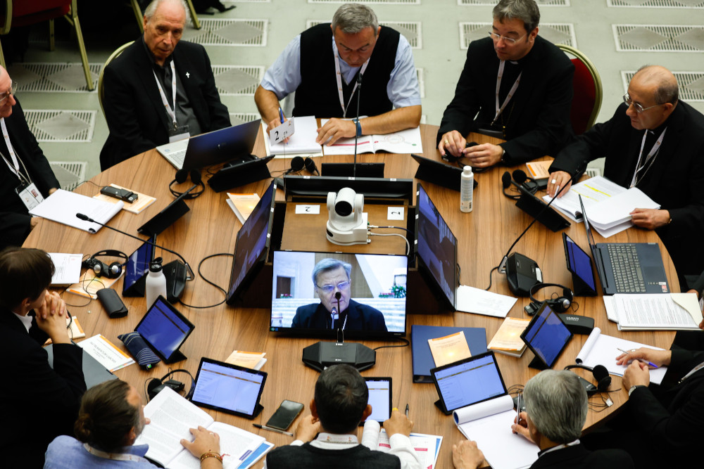 Members of the assembly of the 2023 Synod of Bishops meeting in the Vatican's Paul VI Audience Hall on Oct. 9 (CNS/Lola Gomez)