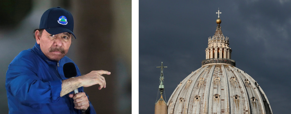 An image of a black-haired man with a mustache wearing a ball cap and blue next to another photo of the dome of St. Peter's Basilica