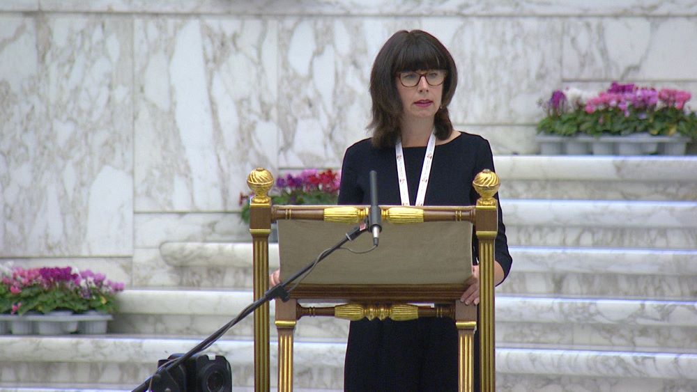 Anna Rowlands, a professor of Catholic social thought and practice at Durham University in England, gives a theological reflection as the assembly of the Synod of Bishops in this screen grab from Oct. 9 in the Vatican's Paul VI Audience Hall. (CNS/Vatican Media, via YouTube)