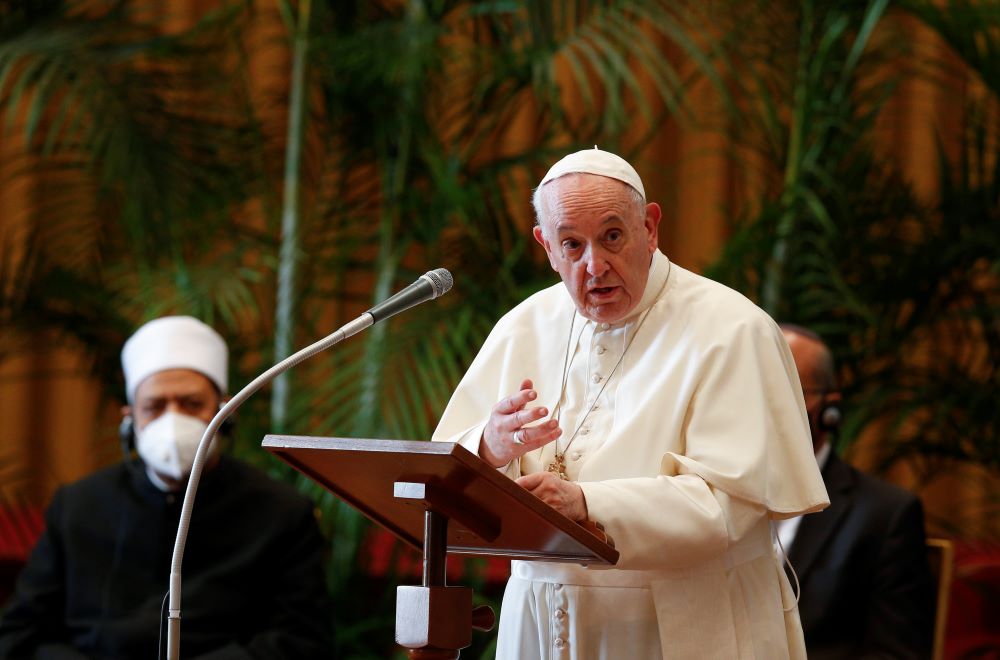 Pope Francis addresses the meeting, "Faith and Science: Towards COP26," with religious leaders in the Hall of Benedictions at the Vatican in this Oct. 4, 2021, file photo. The pope released a written message Nov. 2 to the U.N. Climate Summit, COP26, in Glasgow, Scotland. (CNS/Paul Haring)