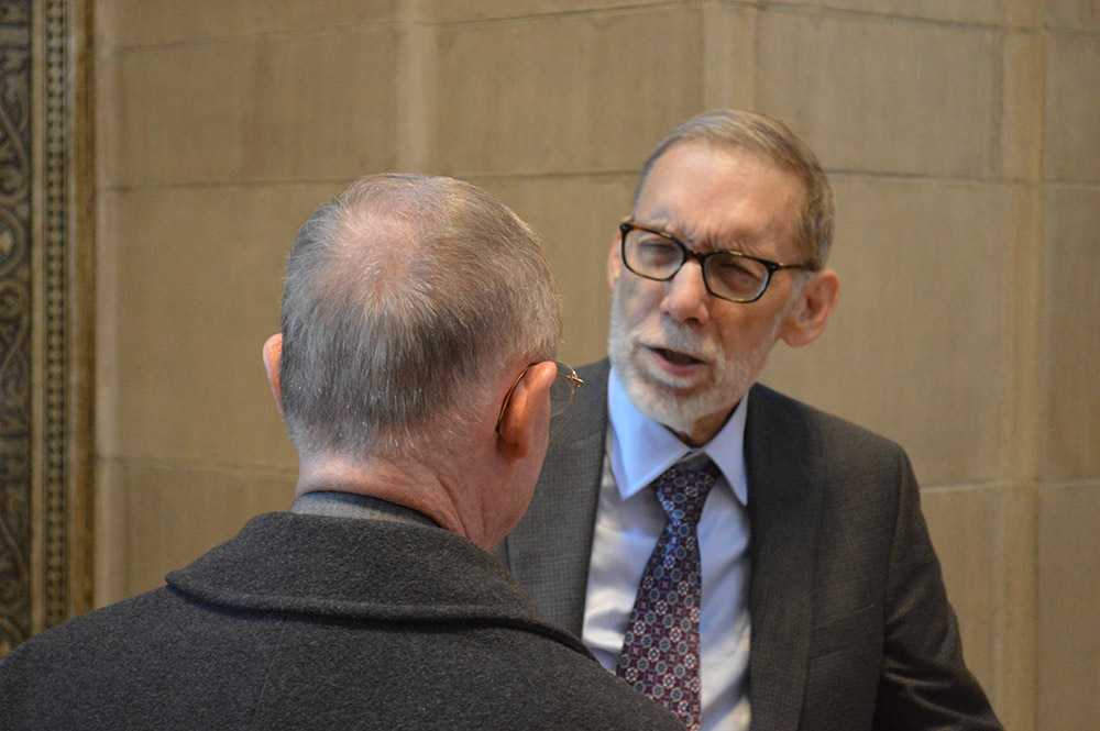 Richard Gaillardetz speaks with an attendee of the conference in his honor on Sept. 24, 2022, at Boston College. (Courtesy of the Lonergan Institute at Boston College)