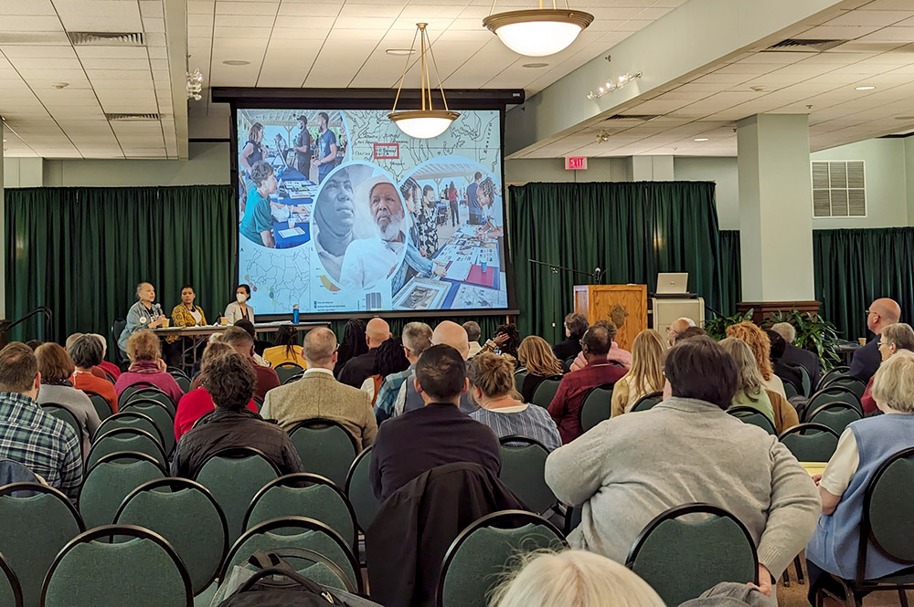 Rita Hollie, Rashonda Alexander and Dr. Kelly Schmidt present at the inaugural Catholic Religious Organizations Studying Slavery (CROSS) Conference in St. Louis Oct. 31. (Black Catholic Messenger/Nate Tinner-Williams)