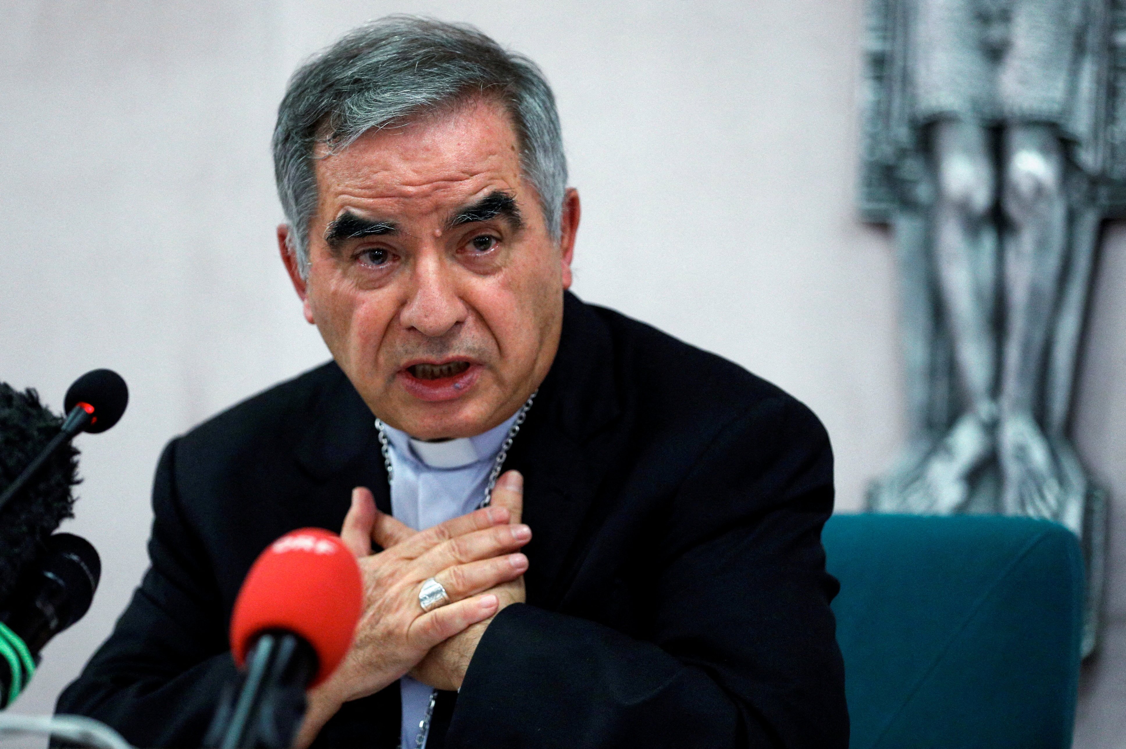 Cardinal Angelo Becciu speaks with journalists during a news conference in Rome in this Sept. 25, 2020, file photo. Vatican prosecutors continued their cross-examination May 18-19 of Cardinal Becciu in a Vatican trial focused on financial malfeasance and mismanagement. (CNS photo/Guglielmo Mangiapane, Reuters)