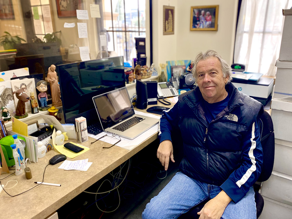 Deacon Louis Roche Jr. at his office inside St. Charles Borromeo Holy Family Service Center in North Hollywood, California (Tom Hoffarth)