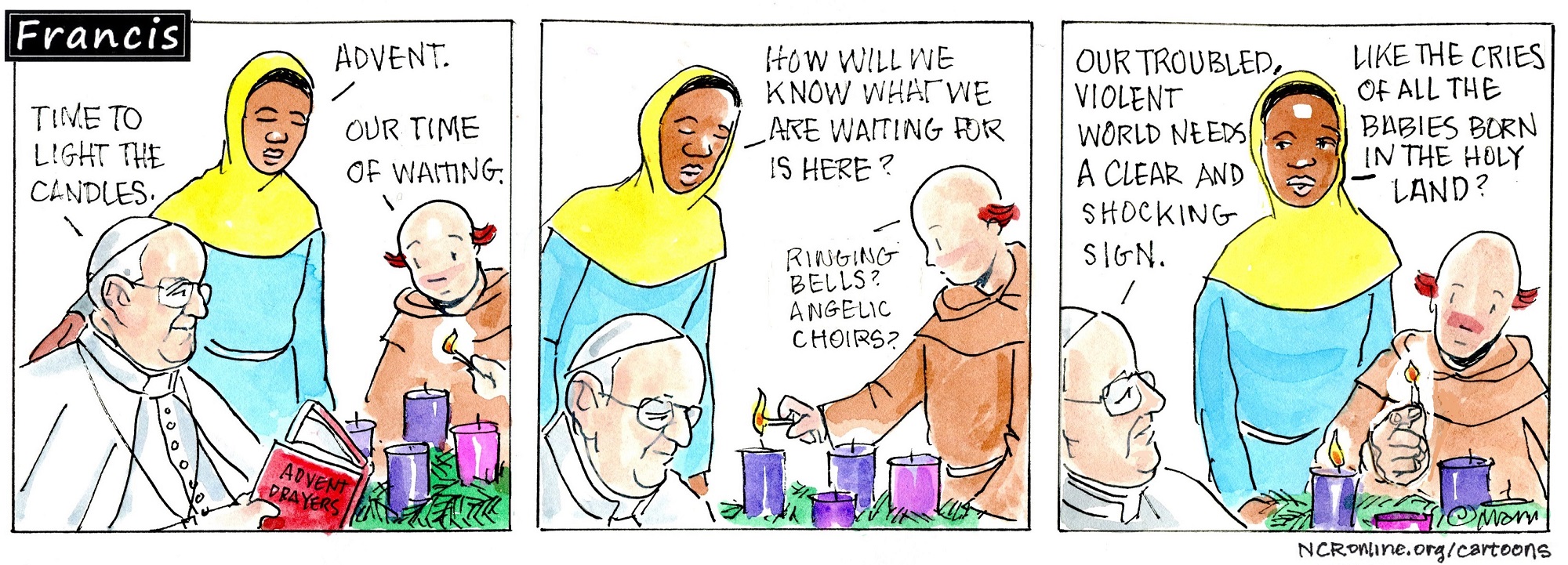 Francis, the comic strip: Francis, Brother Leo and Gabby enter a time of waiting. 