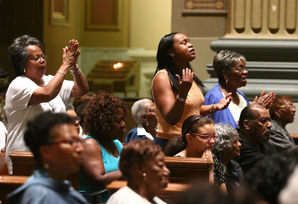 Black Catholics participate in a revival in the Cathedral Basilica of Sts. Peter and Paul in Philadelphia in this undated photo. (CNS/CatholicPhilly.com/Sarah Webb)