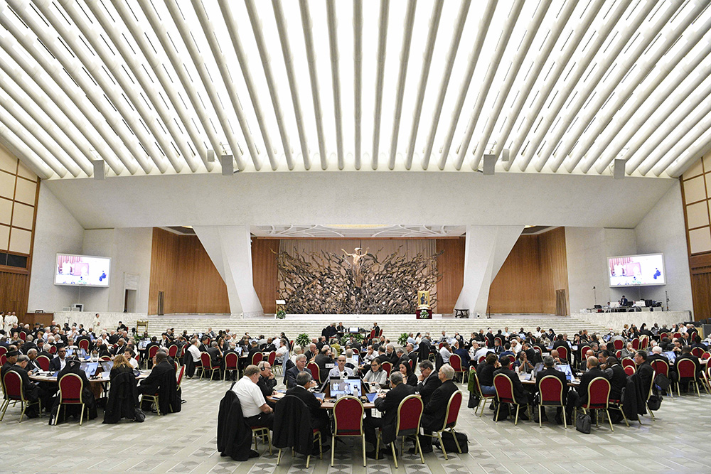 Members of the assembly of the Synod of Bishops gather for morning prayer Oct. 27, 2023, in the Paul VI Audience Hall at the Vatican. (CNS/Vatican Media)