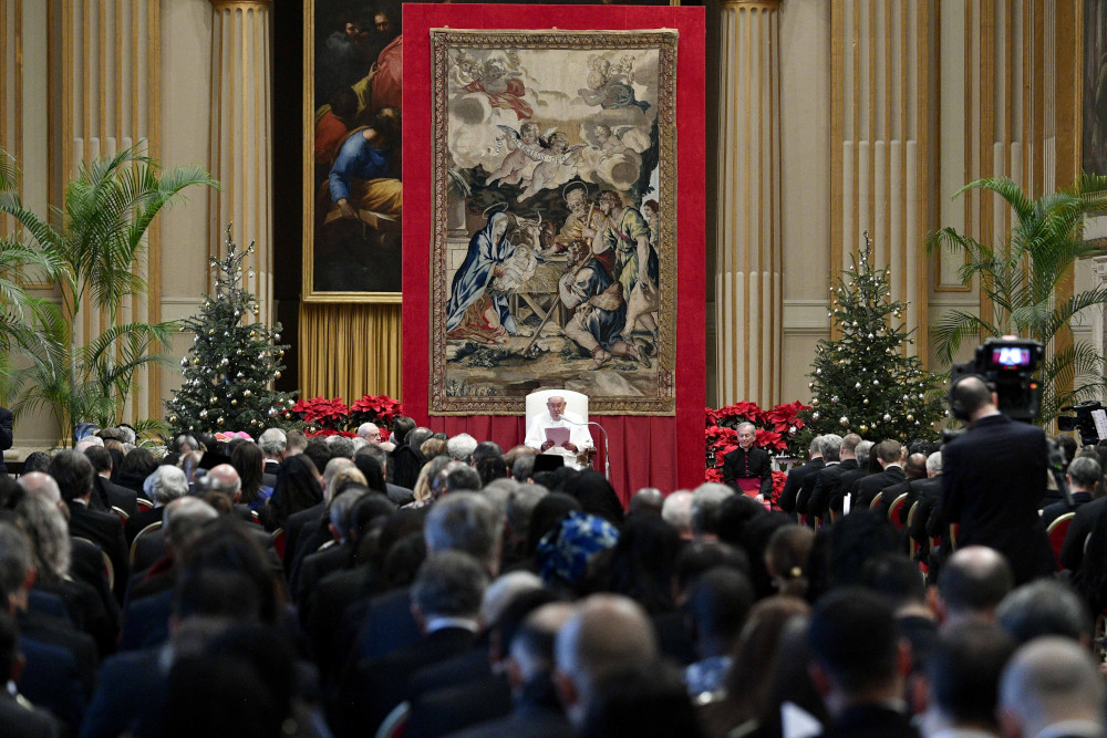 Pope Francis speaks during his annual meeting with diplomats accredited to the Holy See at the Vatican Jan. 8, 2024. (CNS photo/Vatican Media)