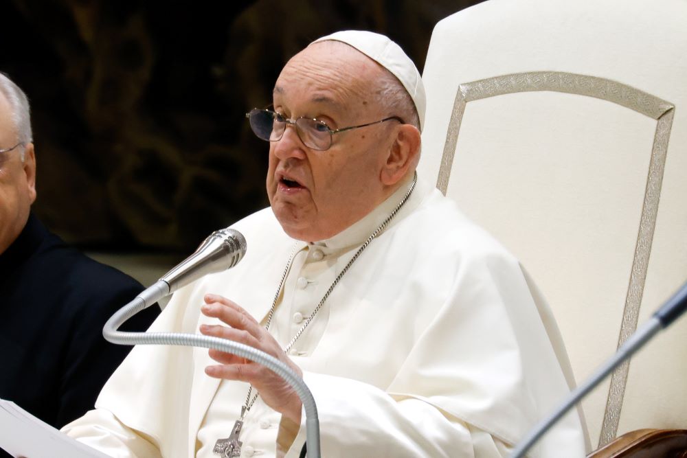 Pope Francis speaks to visitors during his weekly general audience in the Paul VI Audience Hall at the Vatican Jan. 10, 2024. (CNS photo/Lola Gomez)