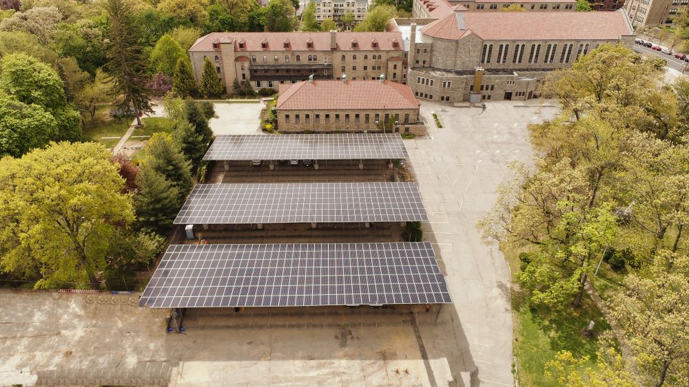 An aerial view taken in 2023 shows solar panels installed by Mission Energy at the Passionists' provincial office at Immaculate Conception Monastery in the New York borough of Queens. Mission Energy manages the Catholic Energies program, an initiative of the Washington-based Catholic Climate Covenant, which helps Catholic facility owners with starting solar energy projects. (OSV News photo/courtesy Mission Energy)