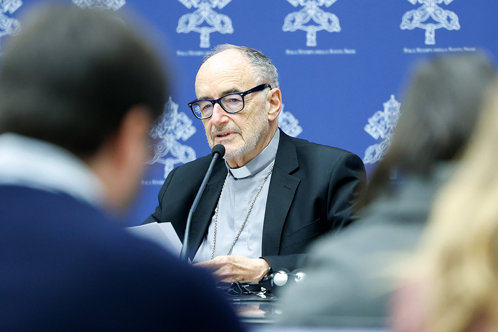 Cardinal Michael Czerny, prefect of the Dicastery for Promoting Integral Human Development, speaks during a news conference presenting Pope Francis' Lenten message at the Vatican Feb. 1, 2024. (CNS/Lola Gomez)