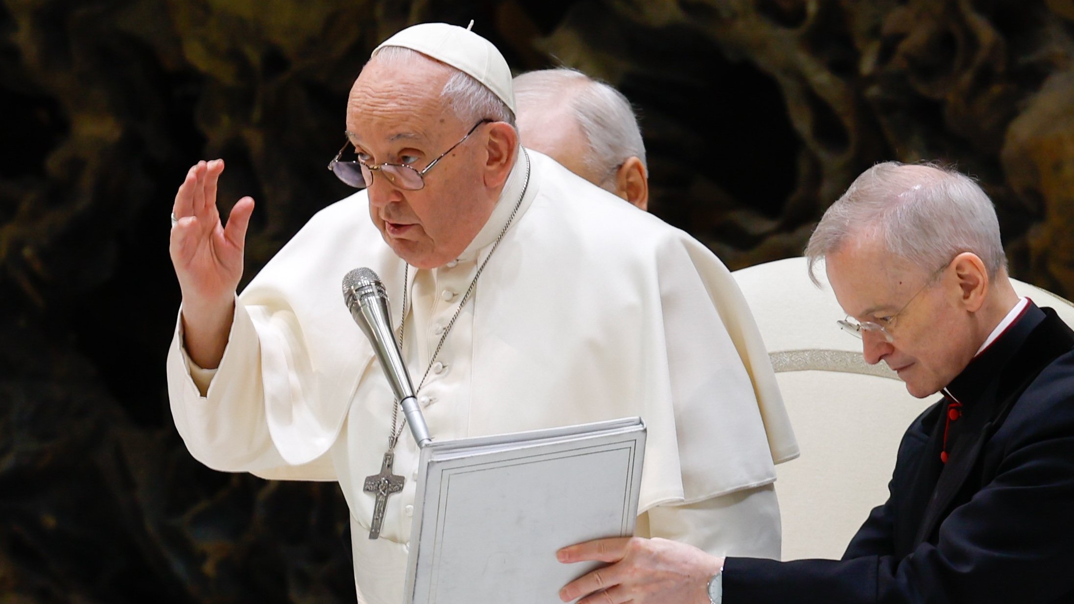 Pope Francis gives his blessing at the end of his weekly general audience in the Paul VI Audience Hall at the Vatican Feb. 7, 2024. (CNS photo/Lola Gomez)