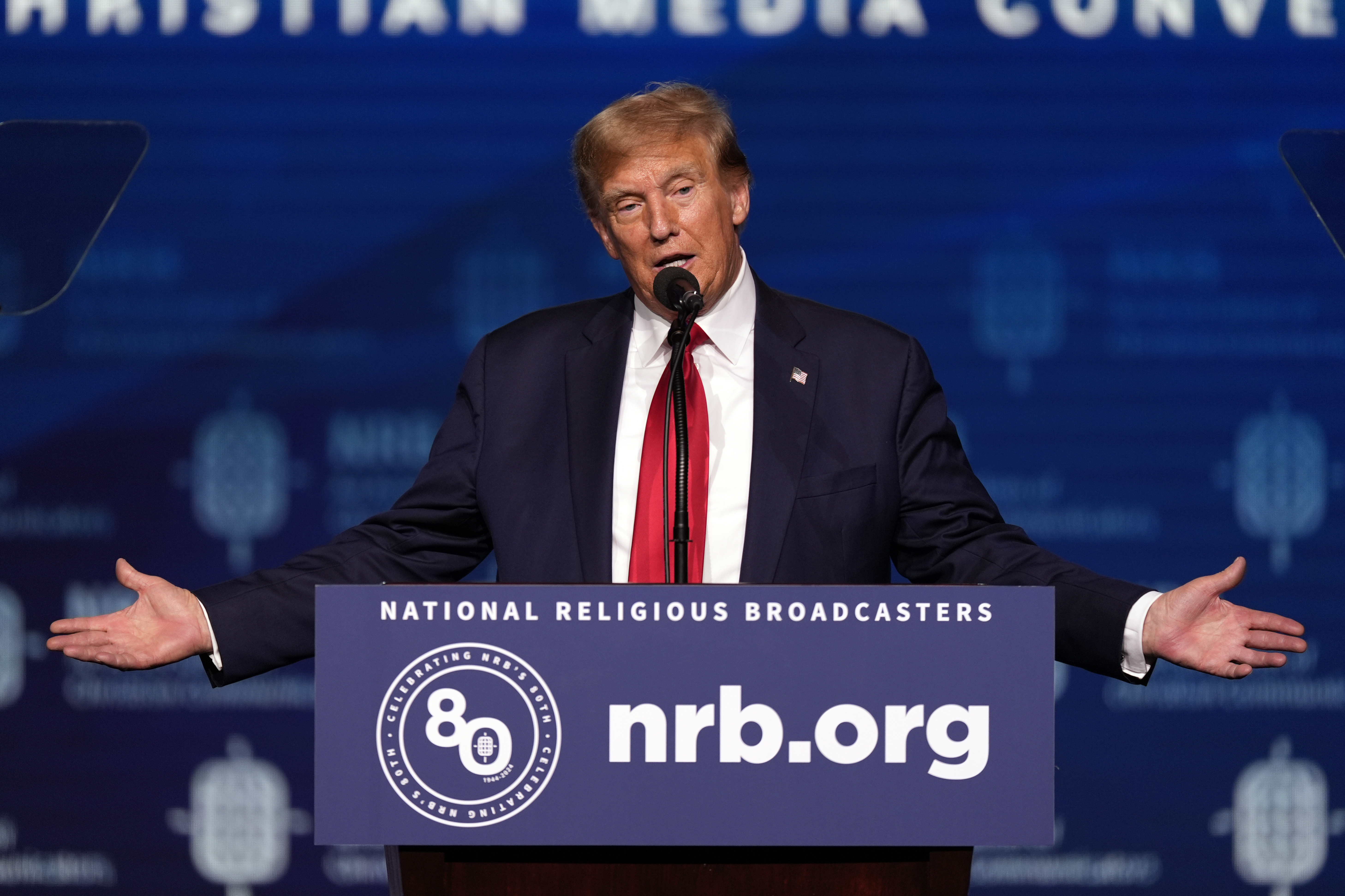 Republican presidential candidate former President Donald Trump speaks at the National Religious Broadcasters convention at the Gaylord Opryland Resort and Convention Center Thursday, Feb. 22, 2024, in Nashville.