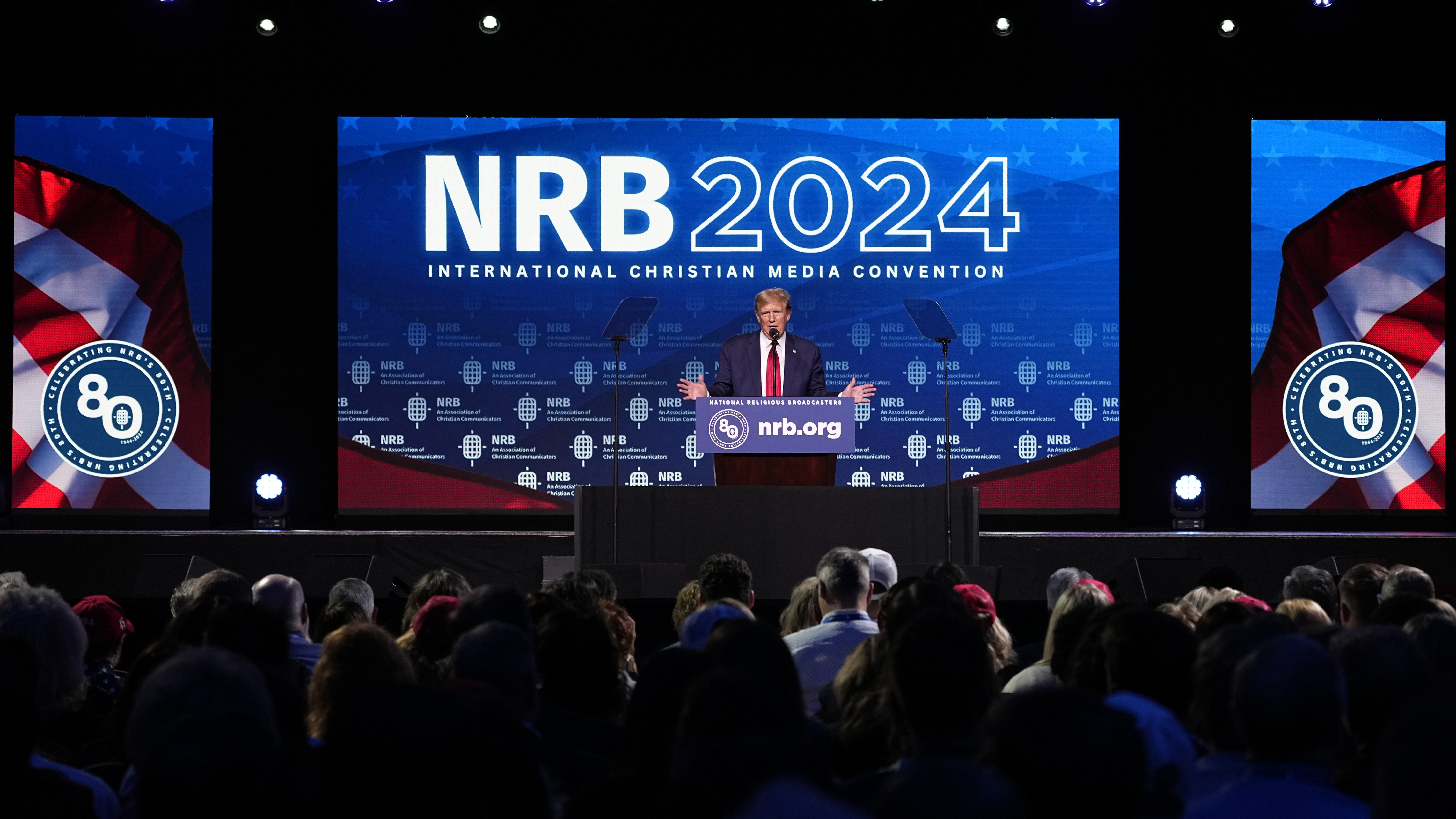 Republican presidential candidate former President Donald Trump speaks at the National Religious Broadcasters convention at the Gaylord Opryland Resort and Convention Center Thursday, Feb. 22, 2024, in Nashville.