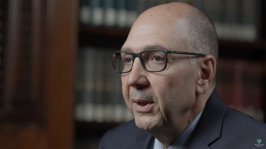 Milo Riverso, president of Manhattan College, pictured in a screengrab from a video message on the college's YouTube channel. (YouTube/manhattancollege)