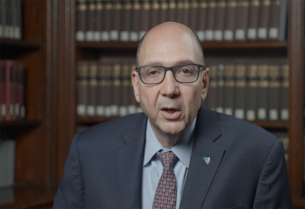 Milo Riverso, president of Manhattan College, is pictured in a screengrab from his introductory video message, posted on the college's YouTube channel. (YouTube/manhattancollege)