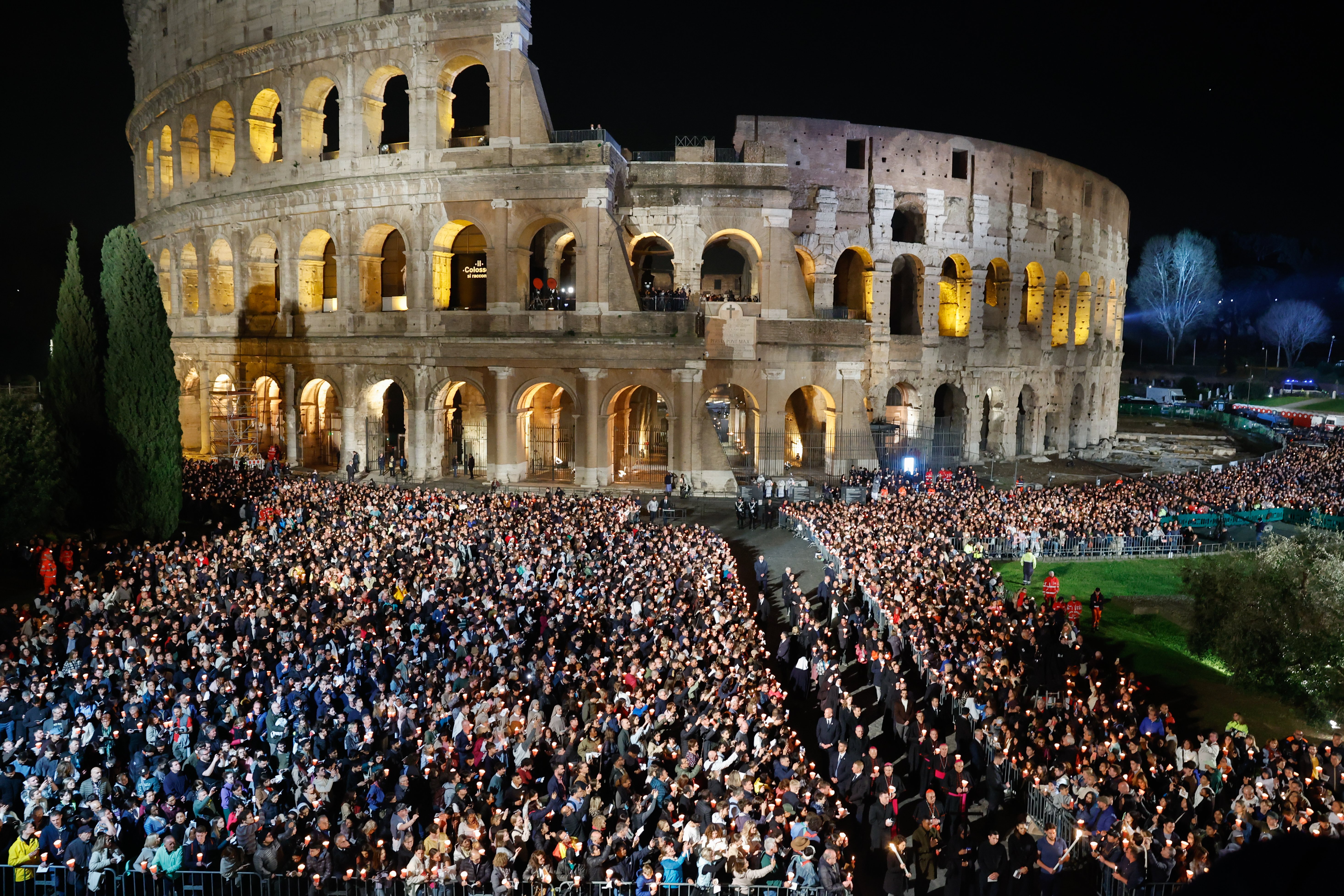 About 25,000 people attend the Good Friday Way of the Cross service at Rome's Colosseum March 29, 2024. (CNS photo/Lola Gomez)