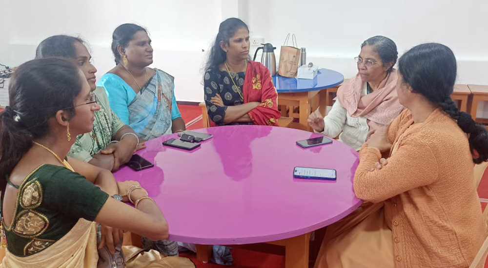 Srs. Elizabeth Rani (right) and Stella Baltazar, members of the Franciscan Missionaries of Mary, share pleasantries with some trans women who visited Nazareth Convent High School and Junior College in Ooty. (Courtesy of Elizabeth Rani)