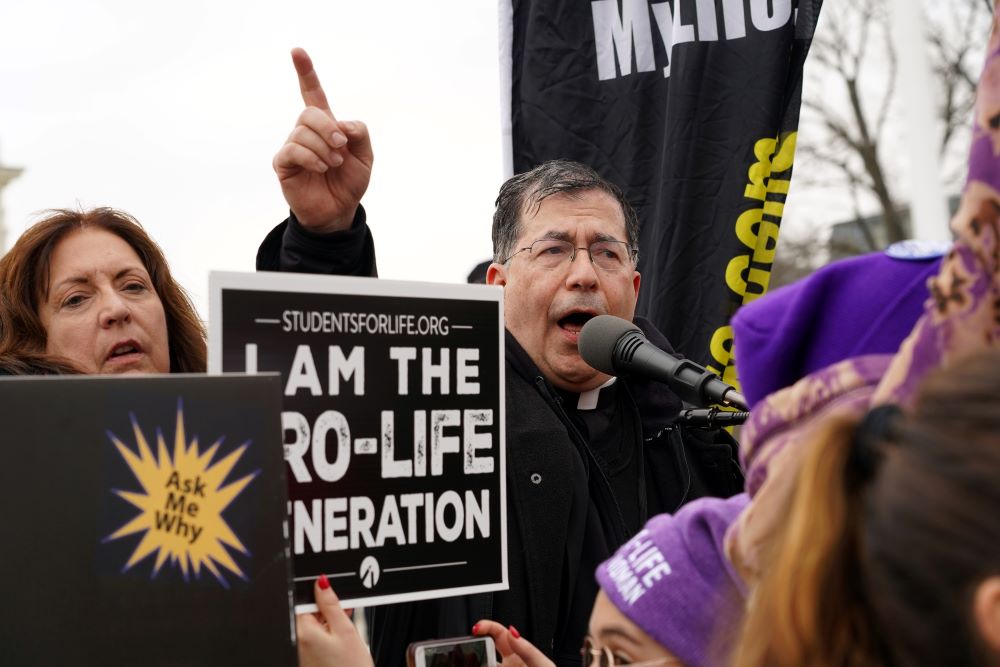 Frank Pavone, national director of Priests for Life and a former priest, was among antiabortion activists who spoke at the March 19 "Catholic Prayer for Trump" event. Pavone, seen in a Jan. 24, 2020, file photo, was removed from the clerical state in December 2022.