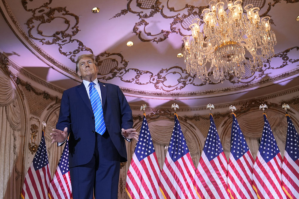 Republican presidential candidate former President Donald Trump arrives to speak at a Super Tuesday election night party March 5 at Mar-a-Lago in Palm Beach, Florida. (AP/Evan Vucci)