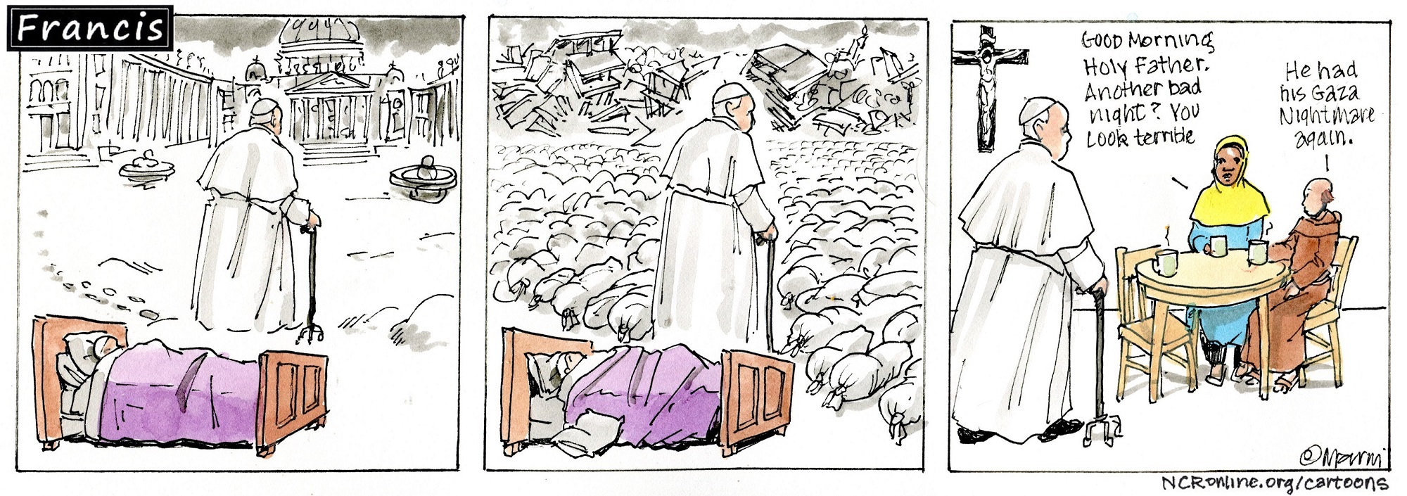 Francis, the comic strip: Pope Francis is troubled over what's happening in Gaza. 