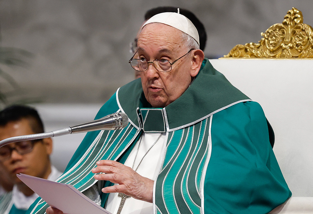 Pope Francis gives the homily at Mass in St. Peter's Basilica at the Vatican Oct. 29, 2023, marking the conclusion of the first session of the Synod of Bishops on synodality. (CNS/Lola Gomez)