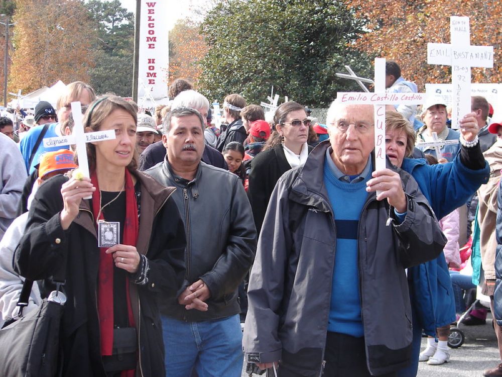 Bishop Thomas Gumbleton, who died April 4 at age 94, is pictured at a School of the Americas Watch vigil at Fort Benning, Ga., in 2008.. (Pax Christi/Johnny Zokovitch)