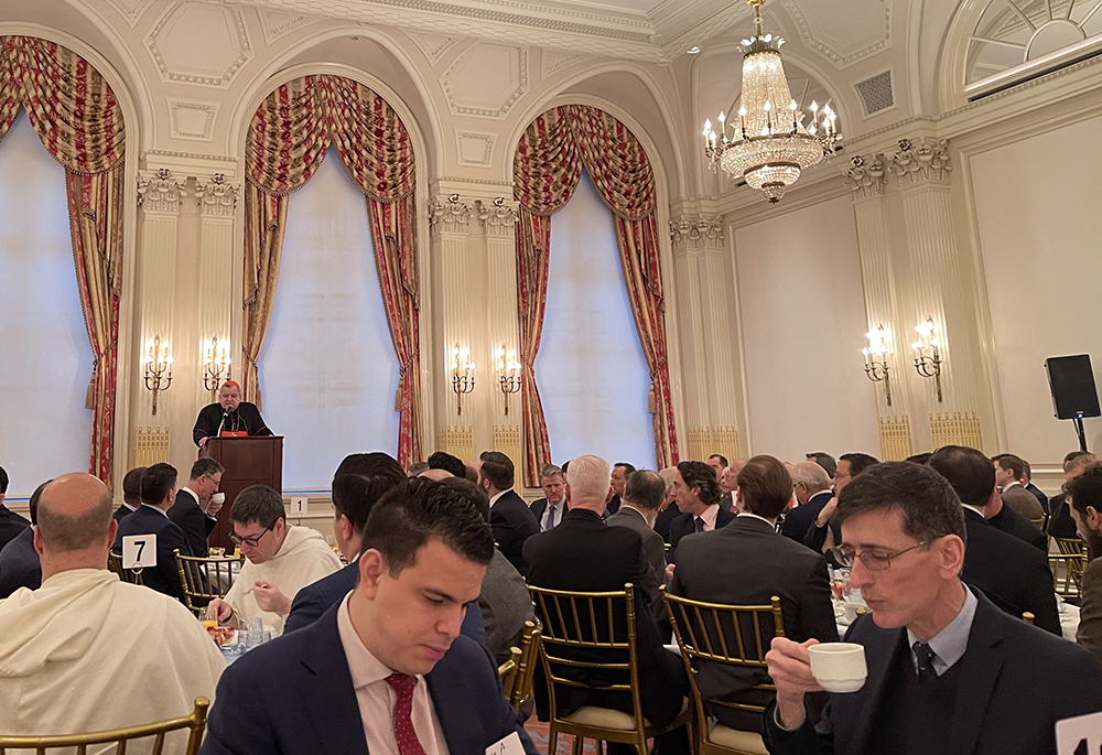 Retired U.S. Cardinal Raymond Burke speaks to the New York Men's Leadership Forum on April 23. (NCR photo/Camillo Barone)