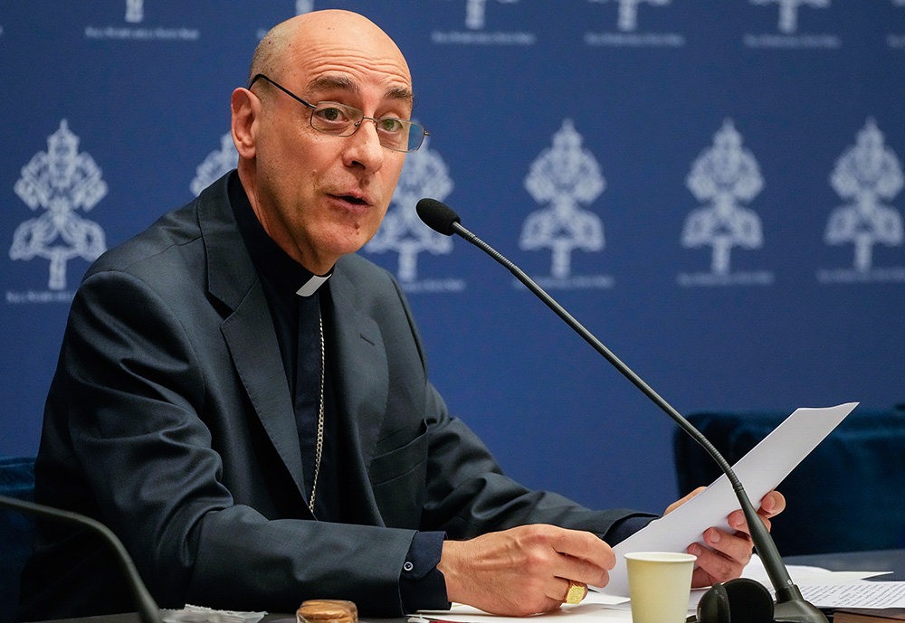 The prefect of the Vatican's Dicastery for the Doctrine of the Faith, Cardinal Víctor Manuel Fernández, presents the declaration Dignitas Infinita during a news conference at the Vatican April 8. (RNS/AP/Gregorio Borgia)