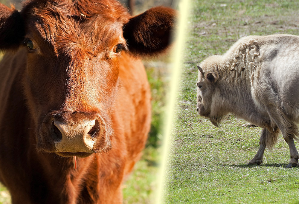 Red heifer and white buffalo (Left: Dreamstime/Bbsimpson; right: Dreamstime/Kenny Tong)