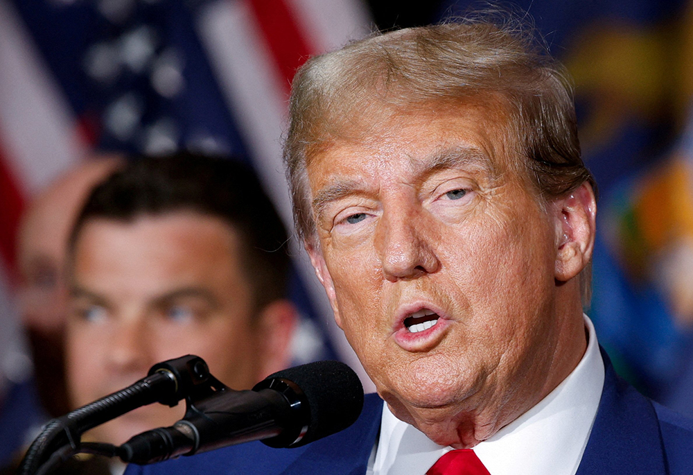 Former U.S. President Donald Trump, the presumptive Republican presidential nominee, speaks during a campaign rally April 2 in Grand Rapids, Michigan. (OSV News/Reuters/Rebecca Cook)