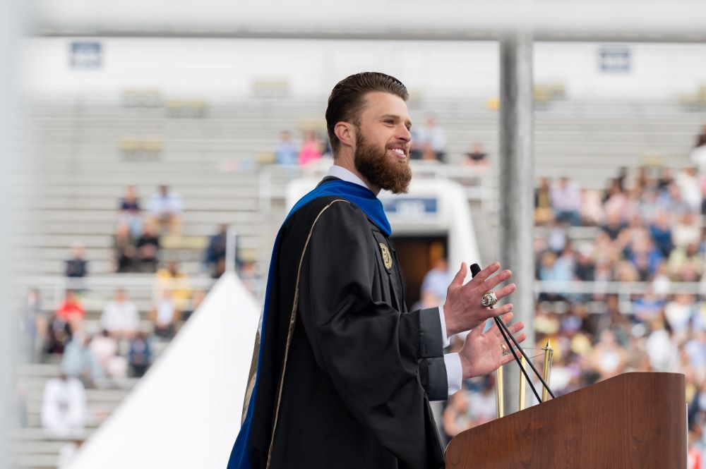 Kansas City Chiefs kicker Harrison Butker addresses the 2023 graduating class at Georgia Institute of Technology's commencement ceremonies.