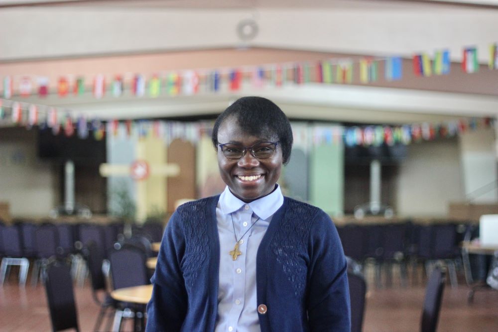 Sr. Joséphine Kimbolo stands in the basement of her parish, St. Antoine-Marie Claret in Montreal, Canada, where she leads catechesis lessons on Sundays. 