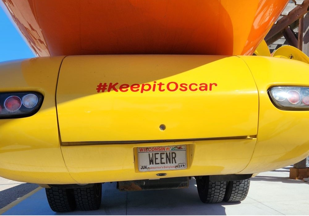 Sr. Jane Marie Bradish made time to enjoy the ordinary activity to visit the Oscar Meyer Weinermobile at the grocery store. (Rose Hacker, OSF)