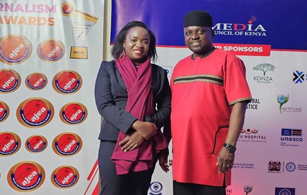 Doreen Ajiambo, Africa regional correspondent for Global Sisters Report, is honored at the Annual Journalism Excellence Awards, with Victor Bwire, the deputy chief executive officer, Media Council of Kenya.