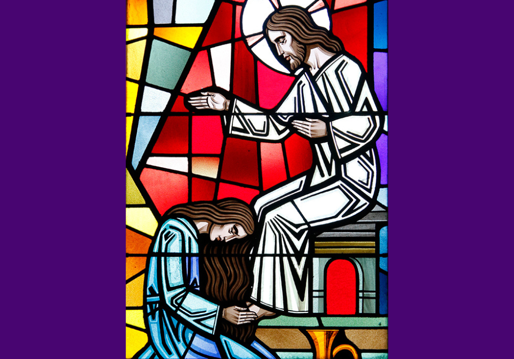 Mary Magdalene anointing the feet of Christ is depicted in a stained-glass window at St. Francis of Assisi Church in Greenlawn, New York. (OSV News/Gregory A. Shemitz)