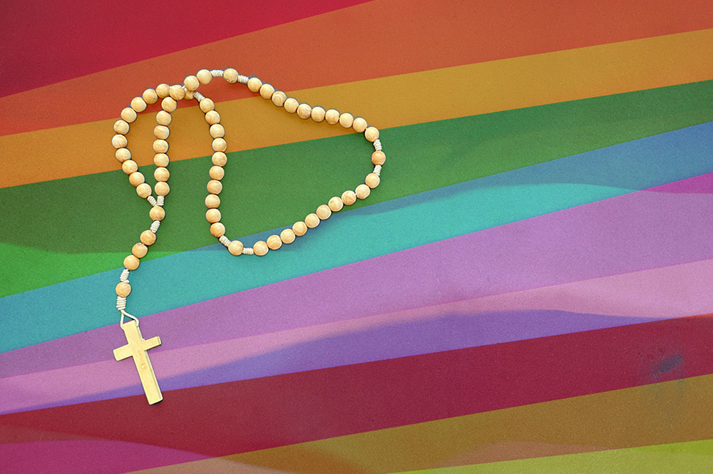 Cream-colored rosary on rainbow background (NCR illustration/Unsplash/S. Turby, Katie)