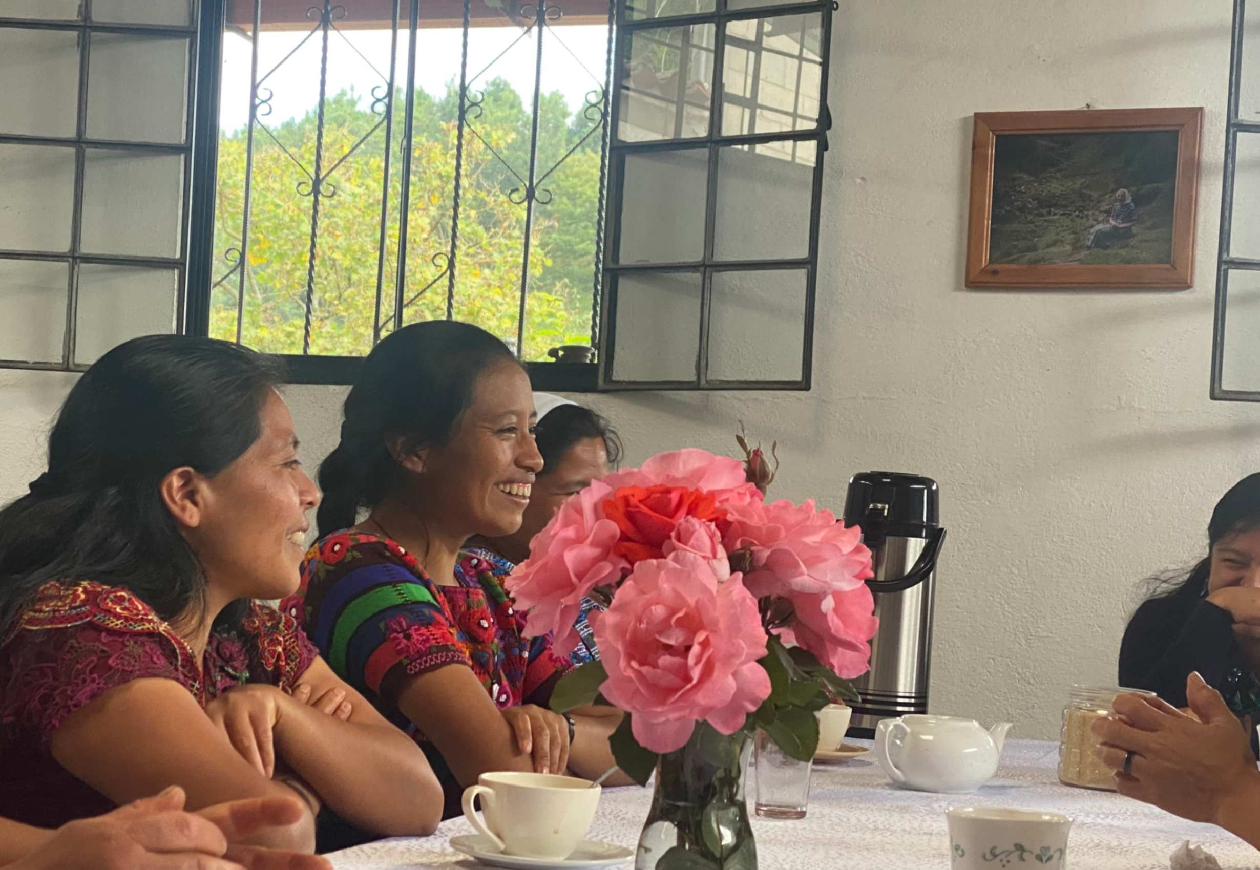 A group of novices and aspirants chat after lunch in the refectory of the motherhouse of the Missionary Sisters of the Eucharist in San Andres Semetabaj, Guatemala, Aug. 22, 2023. The congregation, which works with older adults, has flourished among Indigenous communities in western Guatemala. (GSR photo/Rhina Guidos)