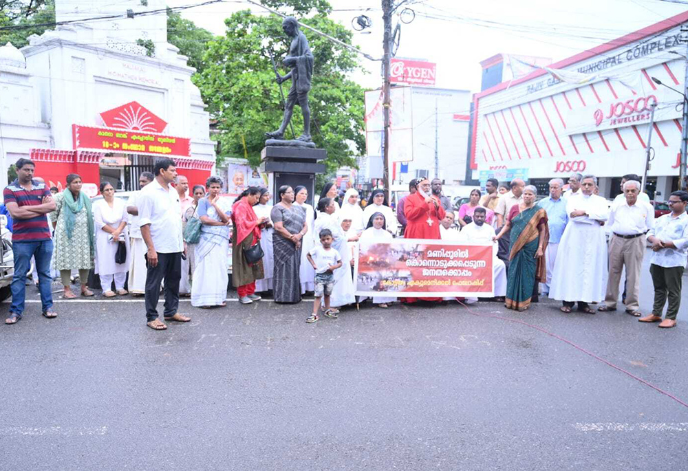 Bethany Sr. Ardra Kuzhinapurathu leads a solidarity march to express support for the victims of ethnic violence in the northeastern Indian state of Manipur. The Kerala Conference of Major Superiors has arranged shelter, education facilities and employment for hundreds of Manipuri youths in the southwestern Indian state of Kerala. (Courtesy of Sr. Ardra Kuzhinapurathu)