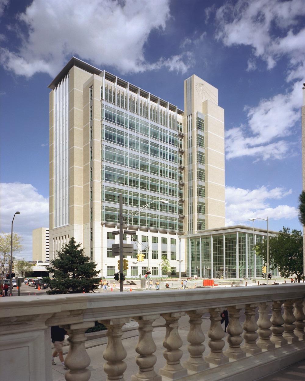 Courthouse looms against bright blue sky