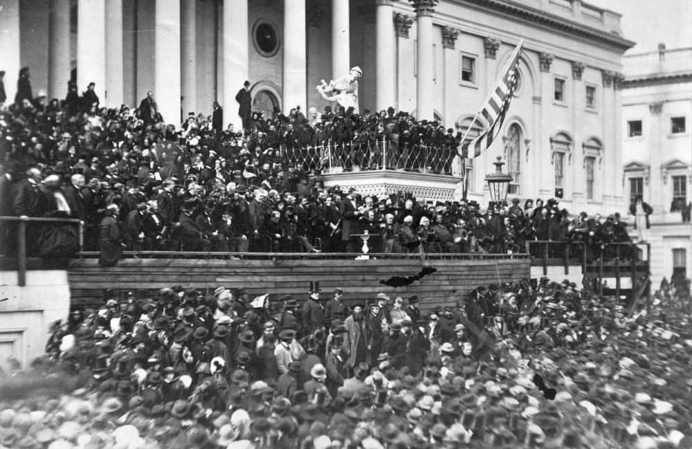 Abraham Lincoln delivers his second inaugural address as president of the United States on March 4, 1866, in Washington, D.C. (Wikimedia Commons/Alexander Gardner)