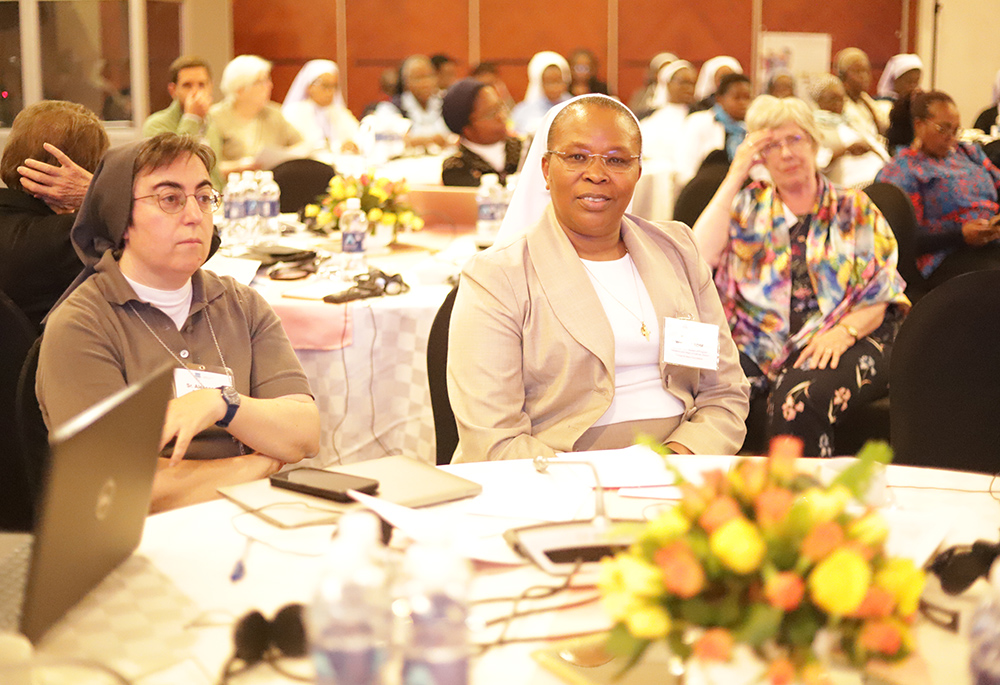 Srs. Jane Wakahiu (right) and Alessandra Smerilli are pictured during the May 30 convening sessions organized by the Conrad N. Hilton Foundation's Catholic Sisters Initiative at Taj Pamodzi Hotel in Lusaka, Zambia's capital. (GSR photo/Doreen Ajiambo)